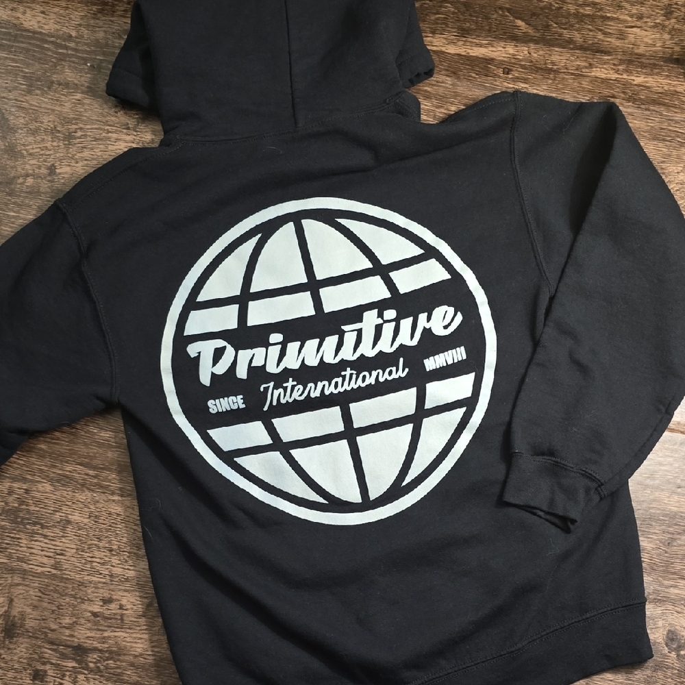 PRIMITIVE International Black Hoodie with White Globe Logo Sz S